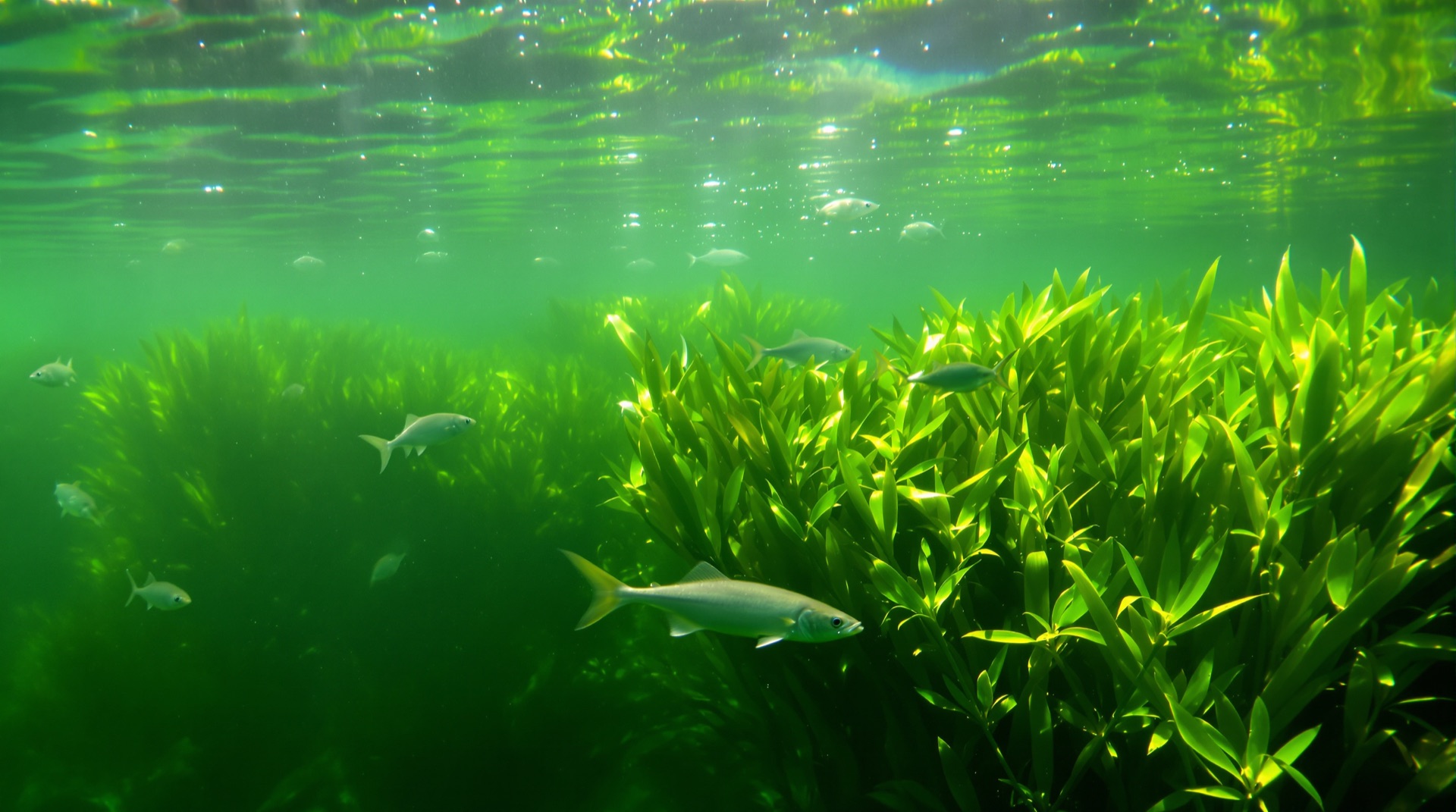 Banc de poissons dans une lagune saumâtre méditerranéenne parmi les herbiers