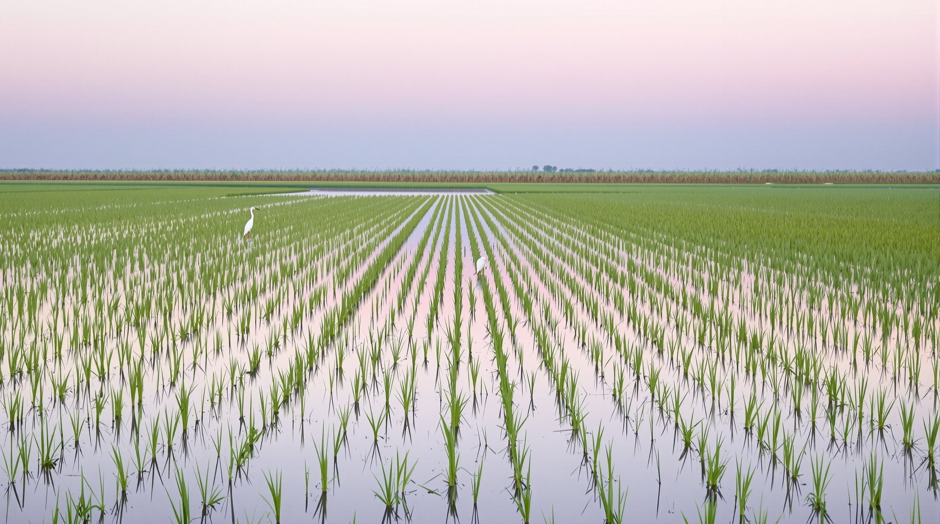 Rizières inondées de Camargue à l'aube avec une aigrette